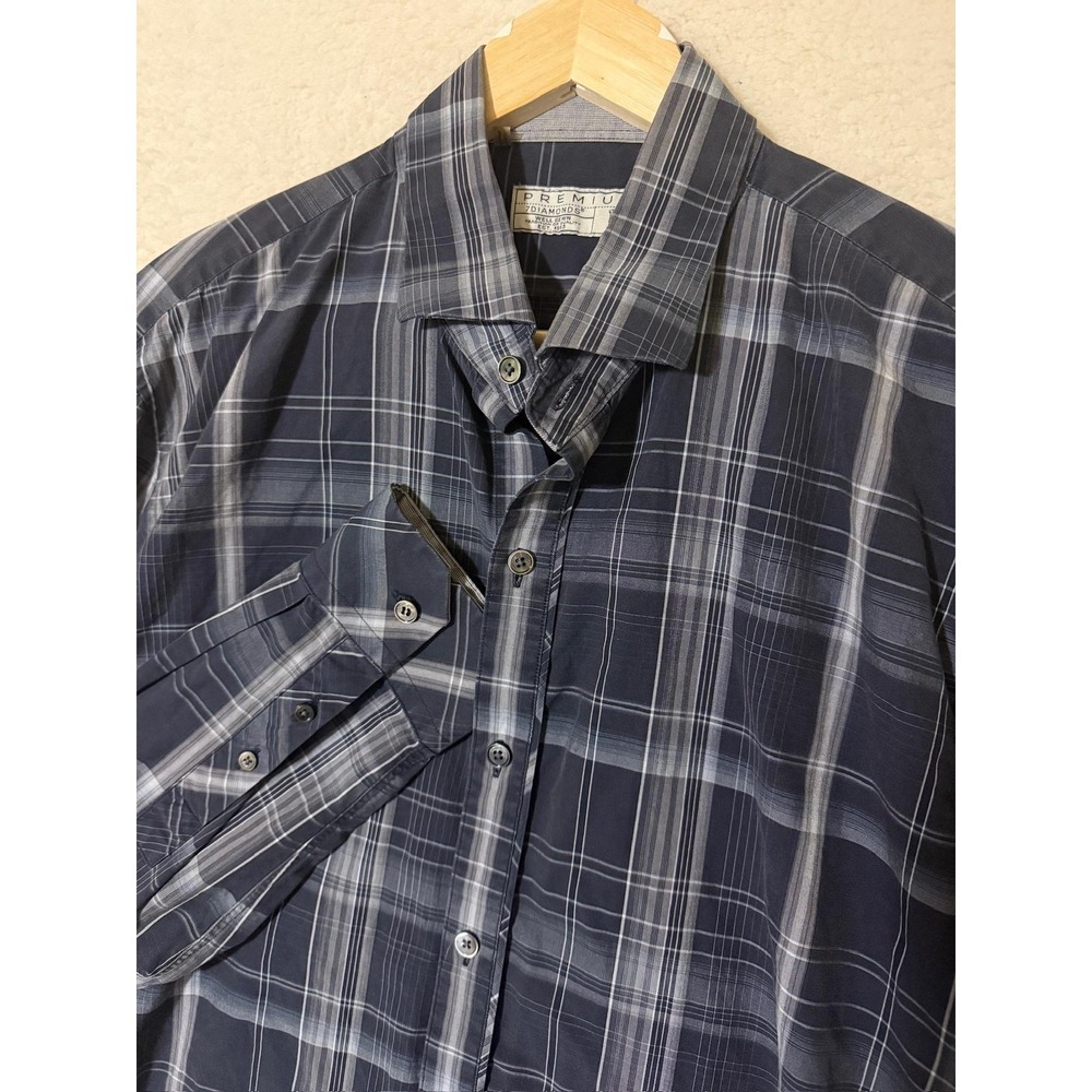 7 Diamonds Premium Shirt Mens Large Blue Gray Plaid Long Sleeve Button Down